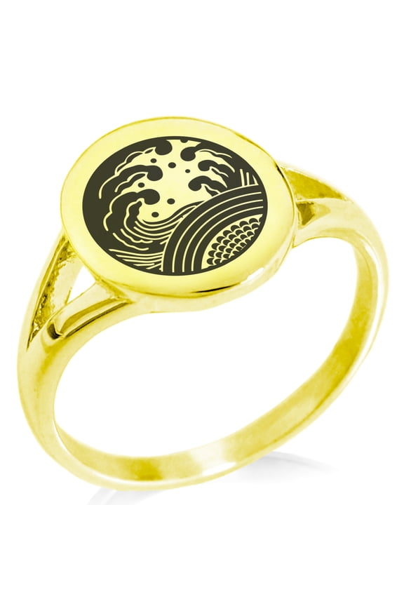 Stainless Steel Ocean Kamon Crest Minimalist Oval Top Polished Statement Signet Ring
