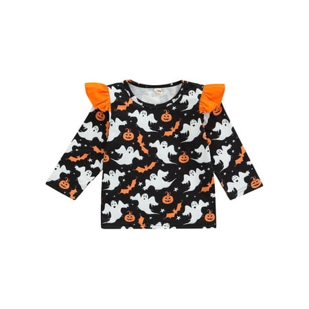 

Licupiee Kids Girls Halloween T-shirt Casual Long Sleeve Crew Neck Ghost Pumpkin Print Tops Children Clothes for Party