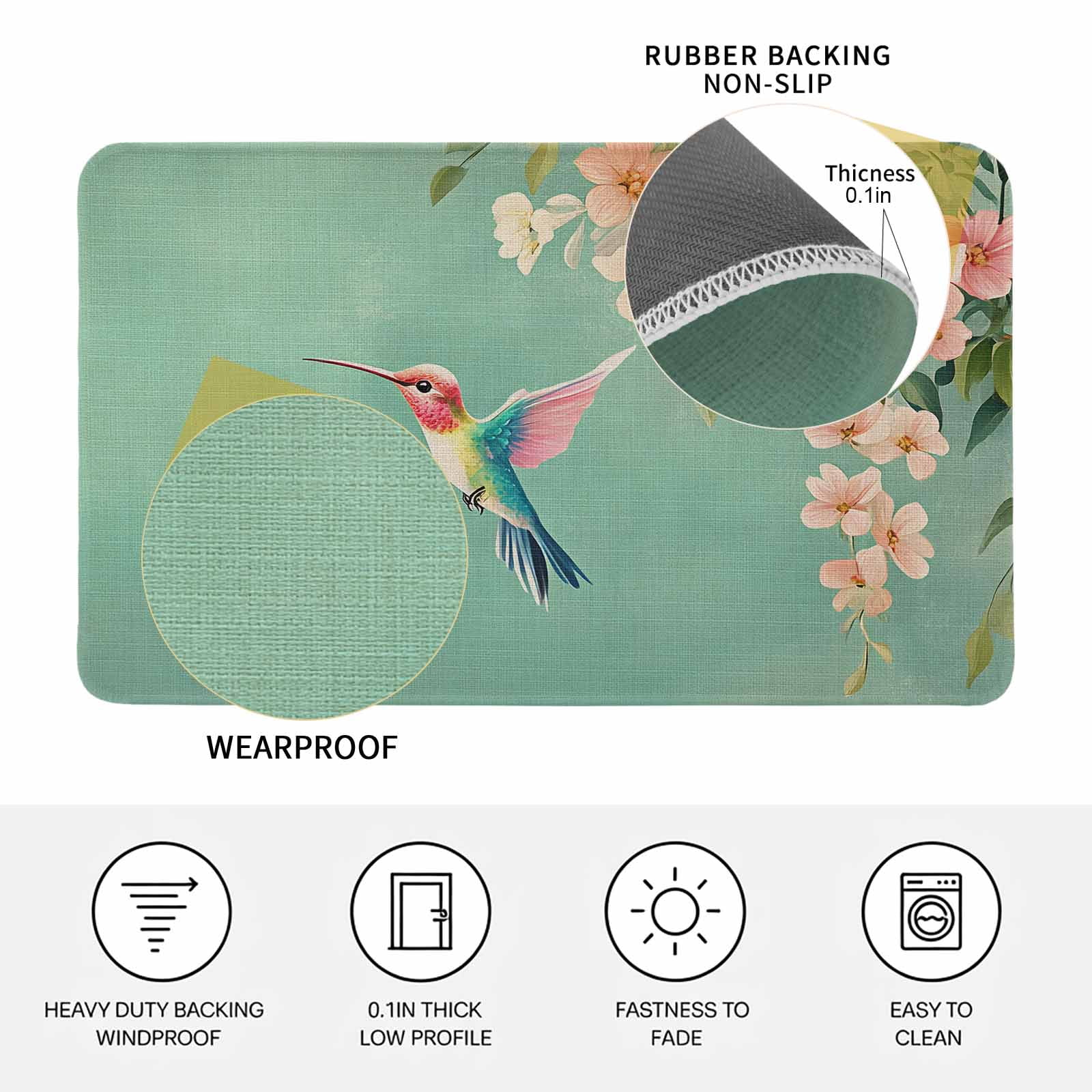 Spring Bird Flowers Doormat Outdoor Entrance 24"x36", Farmhouse Watercolor Botanical Plant Absorb Moisture Dirt Door Mats, Non-Slip Rubber Backing Floor Mats Indoor, Low-Profile Front Door Rugs