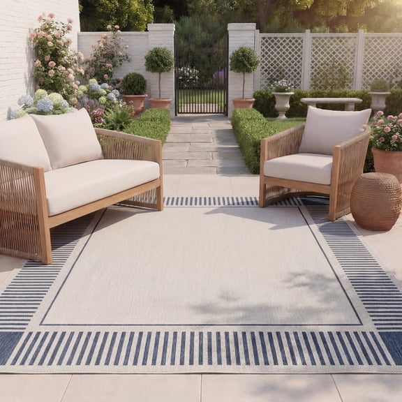 Safavieh Beach House Roswell Bordered Indoor/Outdoor Area Rug, Ivory/Navy, 5'1" x 7'6"