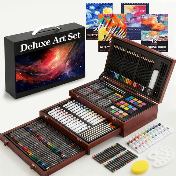 Deluxe Art Set, Acrylic Paints, Crayons, Colored Pencils Set In Wooden Case, Painting Drawing Art Supplies With 4 Drawing Pads, Art Kit Gift Box