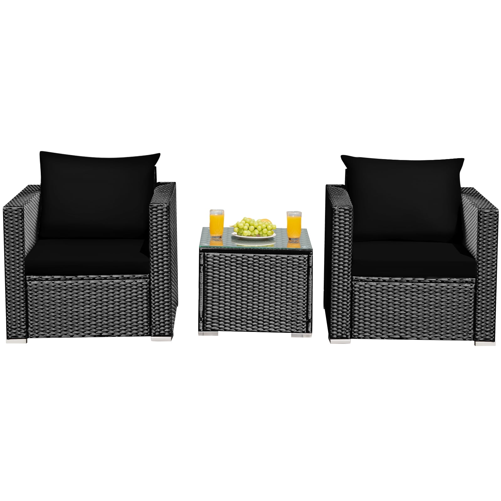 Patiojoy 3PCS Patio Rattan Furniture Conversation Set with 2 Cushioned Sofas & Coffee Table for Outdoor Black