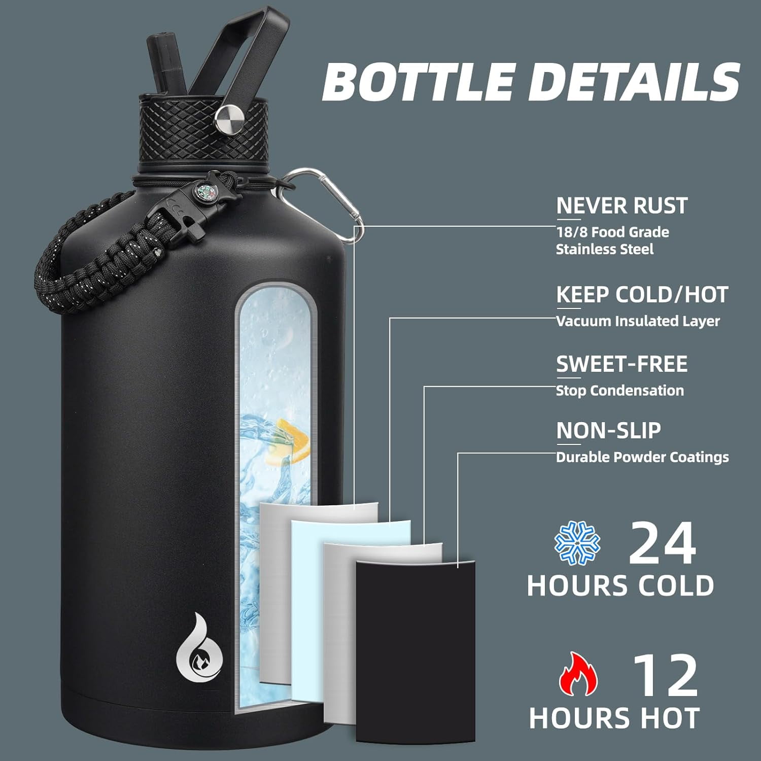 BJPKPK One Gallon Insulated Water Bottles with Straw Lid, 128oz Large, Stainless Steel Water Bottles with 3 Lids and Paracord Handle for Hot & Cold Liquid, Black