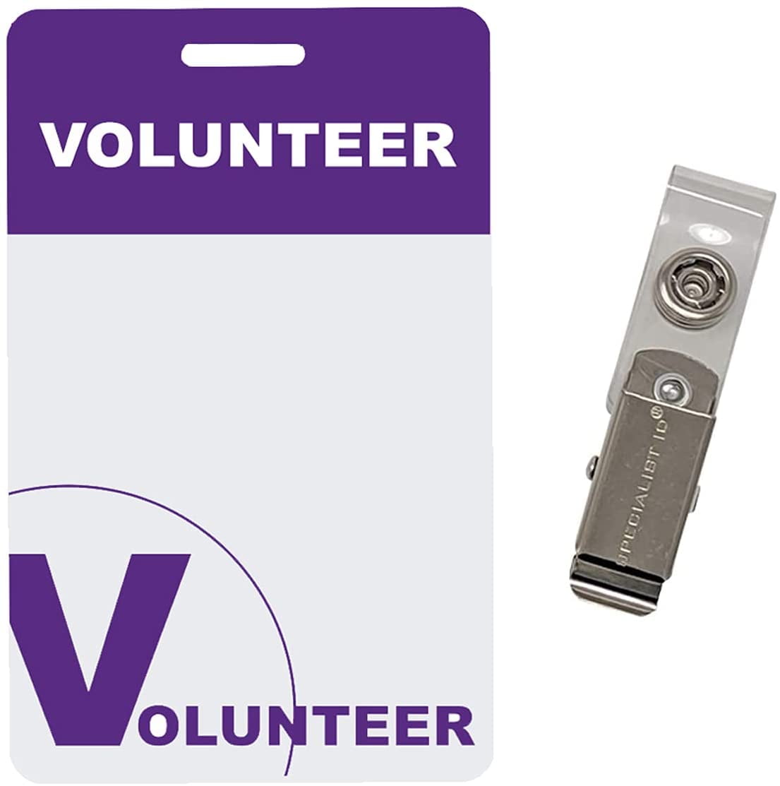 Bulk 25 Pack - Heavy Duty Plastic Volunteer Badges with Clothing Friendly Clip - Reusable Custom Name Tags - Purple Volunteer Design Card for School, Office, Hospital by Specialist ID (Purple)
