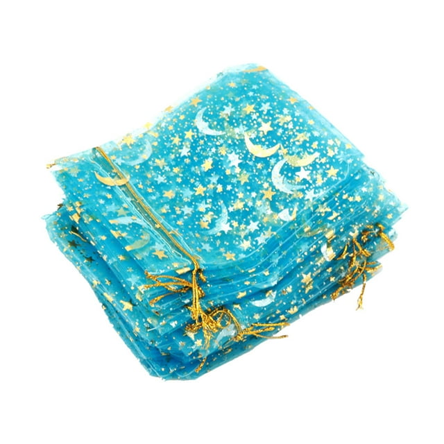 50PCS Star Moon Pattern Candy Drawstring Gauze Bags Gift Favor Storage Candy Pouches for Packaging Wedding (Blue)