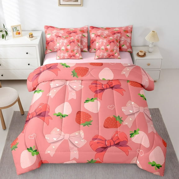 Red Pink Bowknot Comforter Set for Room Decor,Cartoon Strawberry Bedding Set Twin Size 7 Pcs,Girly Princess Style Bed in a Bag with Comforter, Sheets, Pillowcases & Cushion Cover