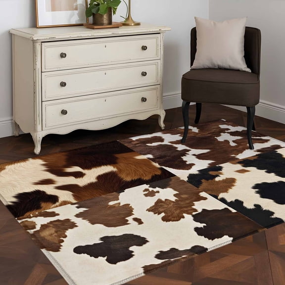 Cowhide 4x6 Rug for Dining Table for 4 People Under Table, Cow Skin Texture ashable Non Slip Rectangle Area Rug