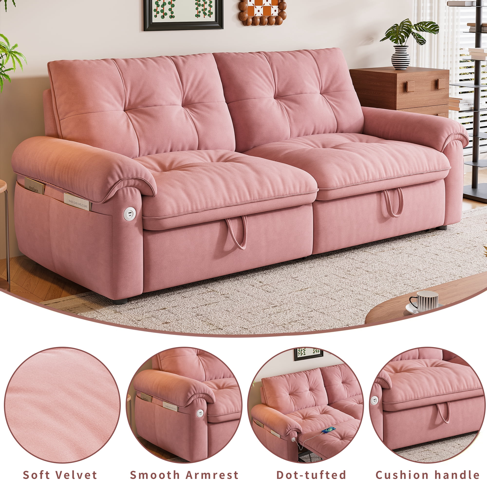 LLappuil 77" Pull Out Sofa Bed Queen Size, Loveseat Sofa Convertible Sleeper Sofa Bed, Flannelette Fabric Sofa Couch for Living Room Pink