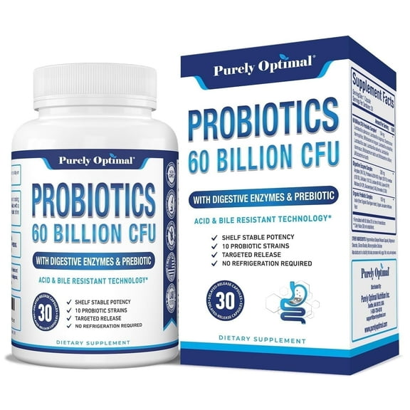 Purely Optimal Probiotics for Women & Men - 60 Billion CFU, Gut Health Supplement, 30 Count