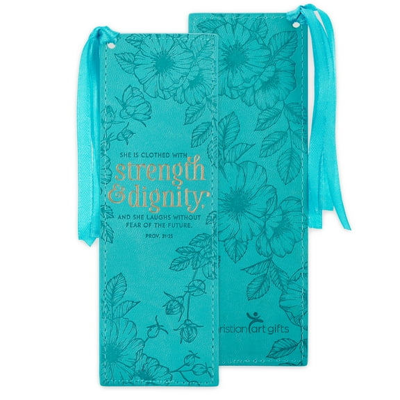 Christian Art Gifts Faux Leather Bookmark She is Clothed Strength Dignity Proverbs 31:25 Bible Verse, Teal