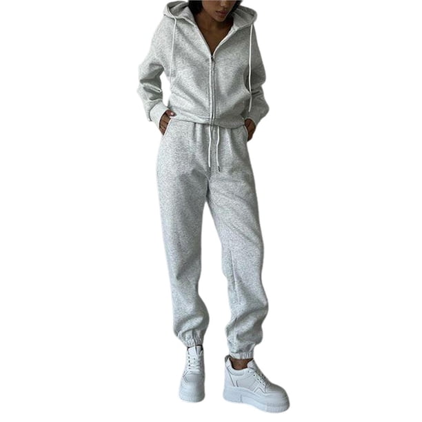 Conjunto de Chándal de 2 Piezas para Mujer, Sudadera de Larga con Cremallera y Pantalones de Chándal de Pierna , Conjuntos de Estar por Casa, Otoño Gris L
