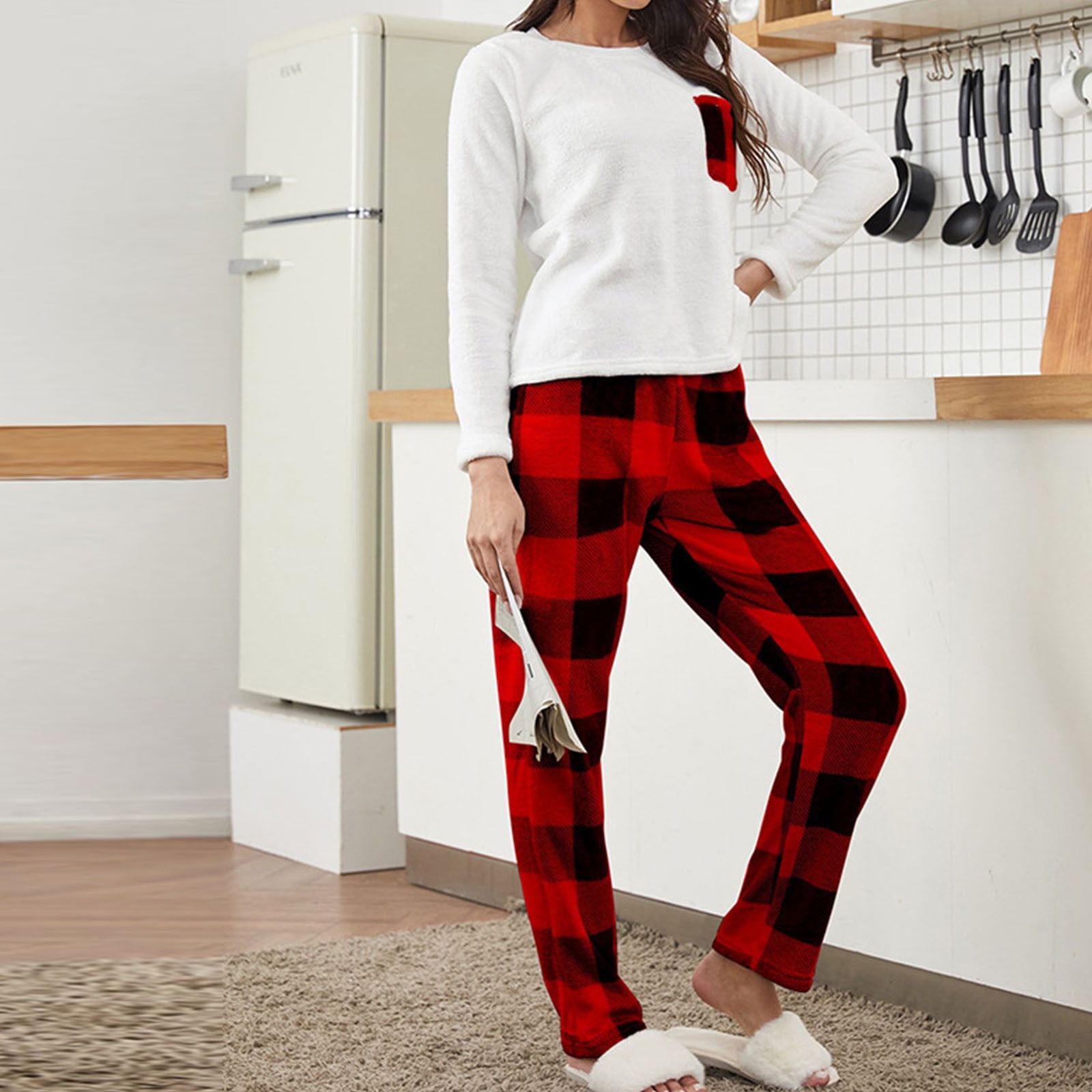 Posijego Womens Pajama Set 2 Piece Outfit Fuzzy Long Sleeve Pullover Top  Plaid Print Pants Pjs Set Loungewear 