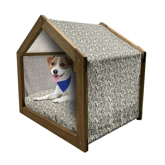 Leaves Pet House, Monochrome Abstract Nature Flourish Flowers Swirls and Curved Motifs Vintage, Outdoor & Indoor Portable Dog Kennel with Pillow and Cover, 5 Sizes, Cream Dark Taupe, by Ambesonne
