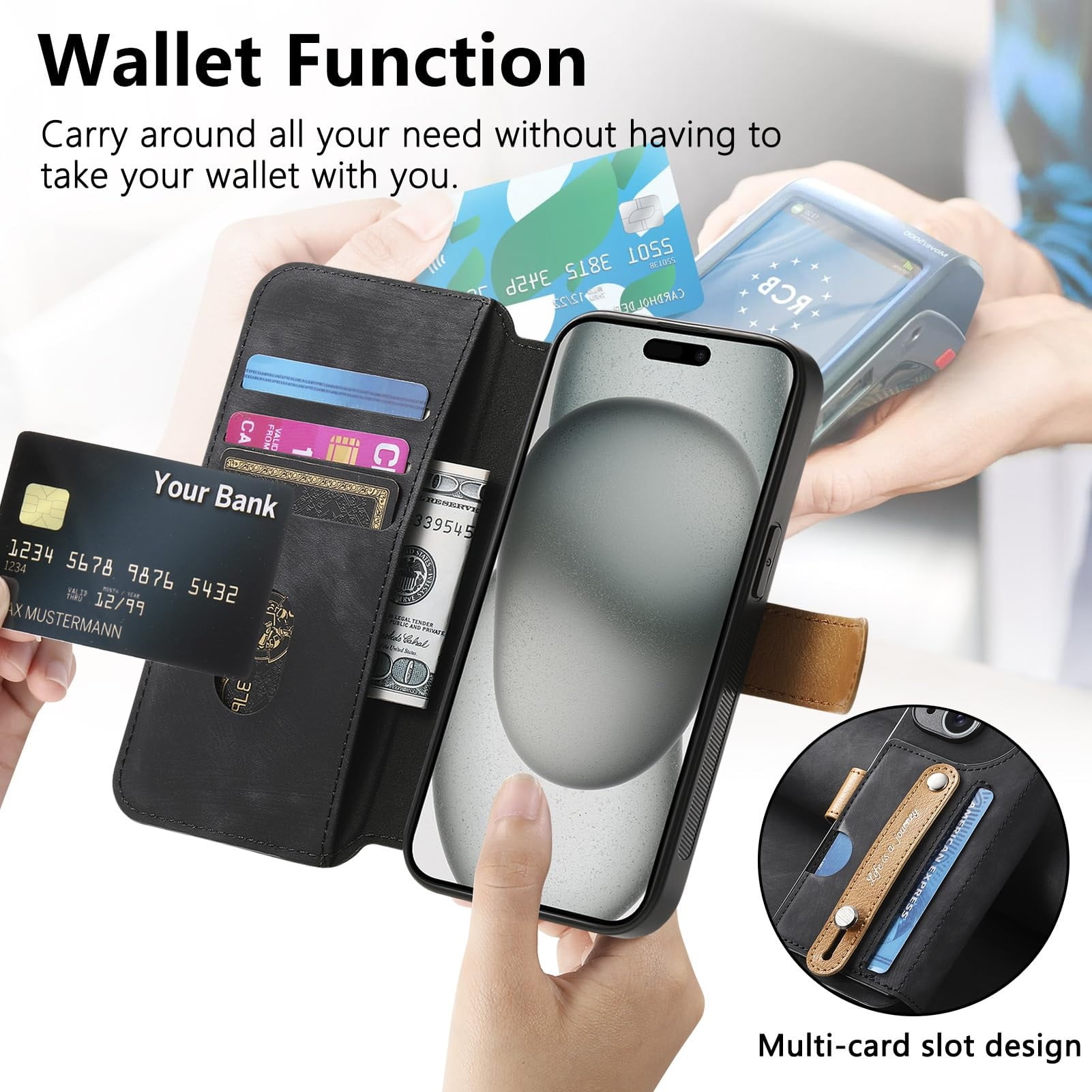 Case For IPhone 16/16 Plus/16 Pro/16 Pro Max, Flip Wallet Phone Case RFID Blocking Card Slot Cover Wrist Strap Anti-drop Leather Shell