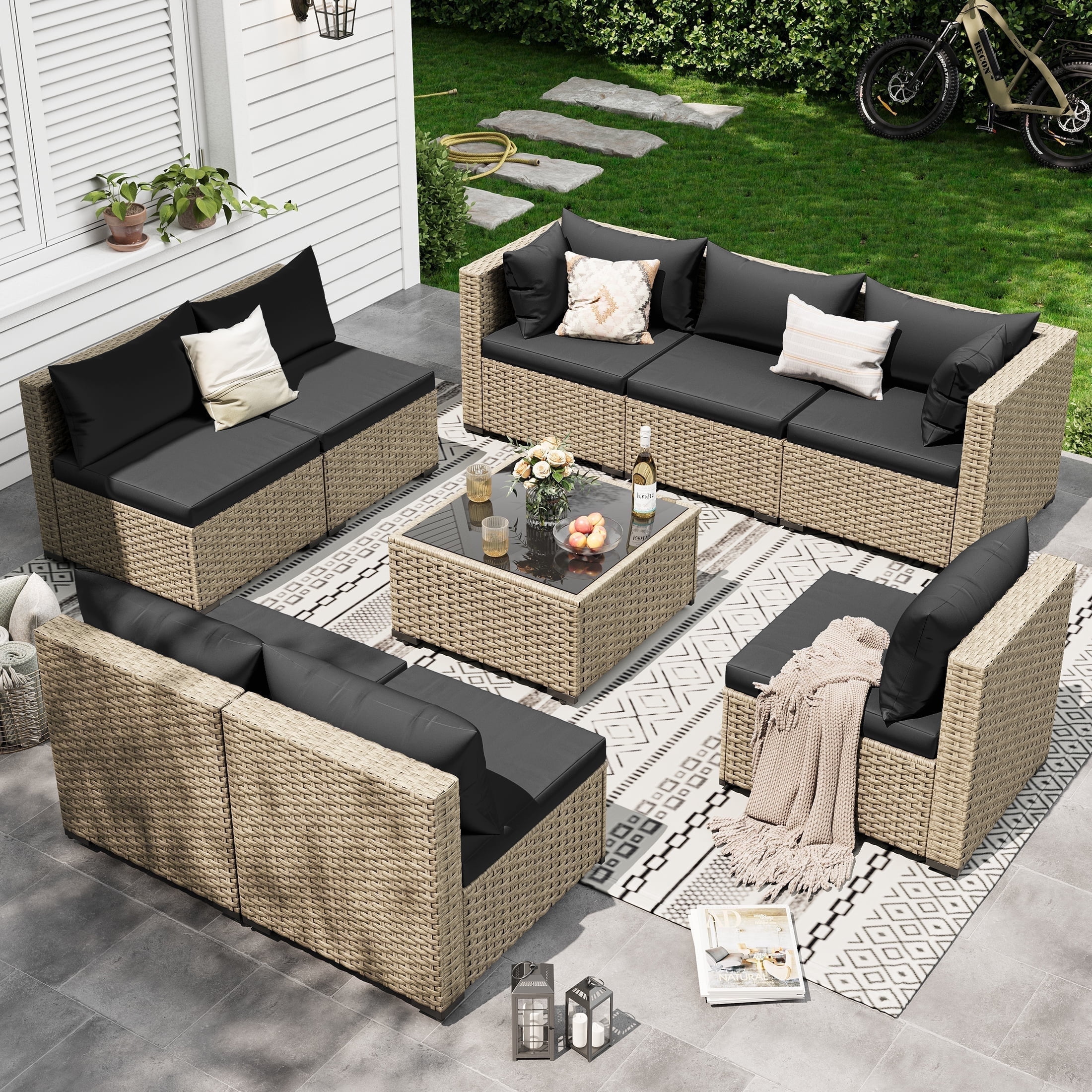 POTEBAN 9 PE Resin Weatherproof Outdoor Conversation Sets with Chairs and Table, Black