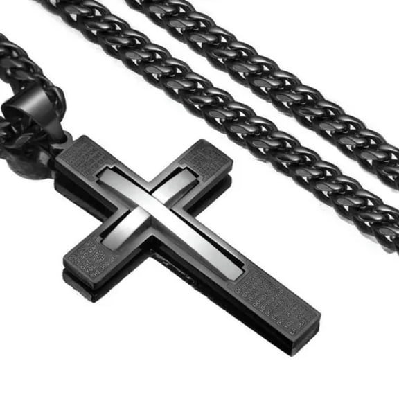 EOEMY Men Cross Pendant Necklace Stainless Steel Crucifix Curb Chain Gold Black Silver-Silver Black-22Inch Or 55Cm