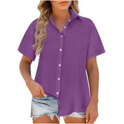 Posijego Button Down Shirt for Women Plus Size Short Sleeve Shirts Collared V Neck Summer Cotton Linen Tops