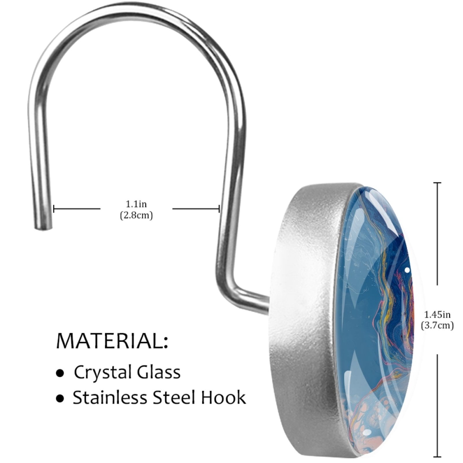 Blue Pink Marble Pattern 12 Pack Shower Curtain Hooks, Decorative Shower Rings for Shower Curtain Rods, Stainless Steel, Rust Resistant, Round Curtain Hooks for Bathroom