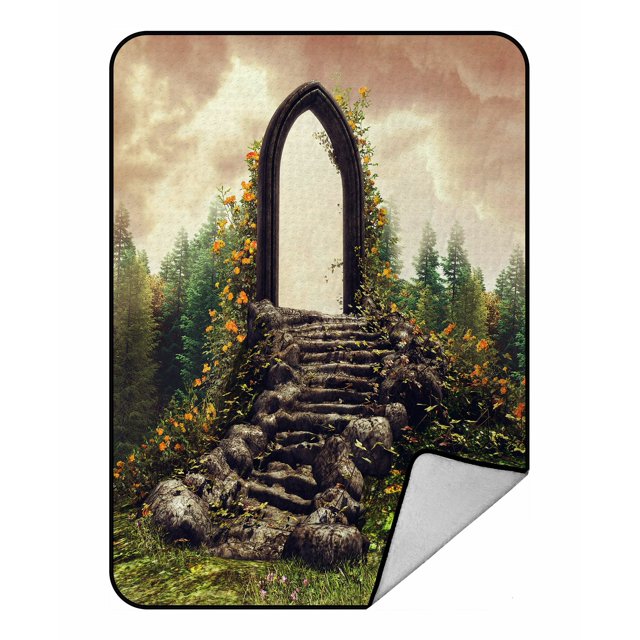 ABPHQTO Fantasy Door Stairs Flowering Meadow Forest Fleece Manta Fleece Back Throw Manta 145x200 cm