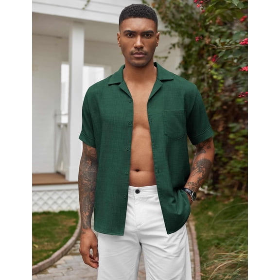 COOFANDY Mens Casual Short Sleeve Button Down Shirts Cuban Linen Textured Shirt Summer Beach Wear