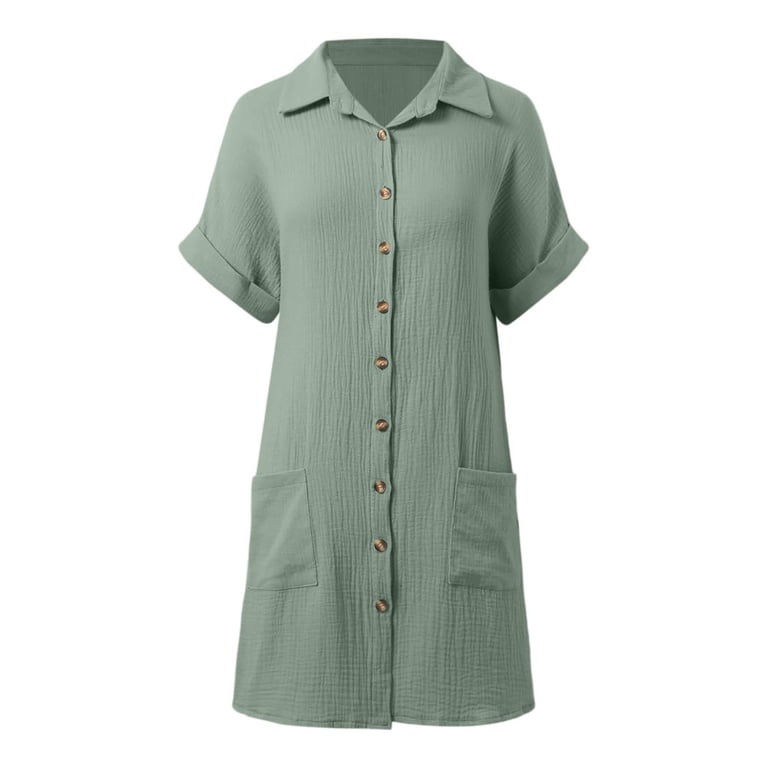 mohiass Women's Summer Cotton Shirt Dress Short Sleeves Button Down Knee Length Dresses Casual Loose Mini Dress with Pockets Dark Green XL