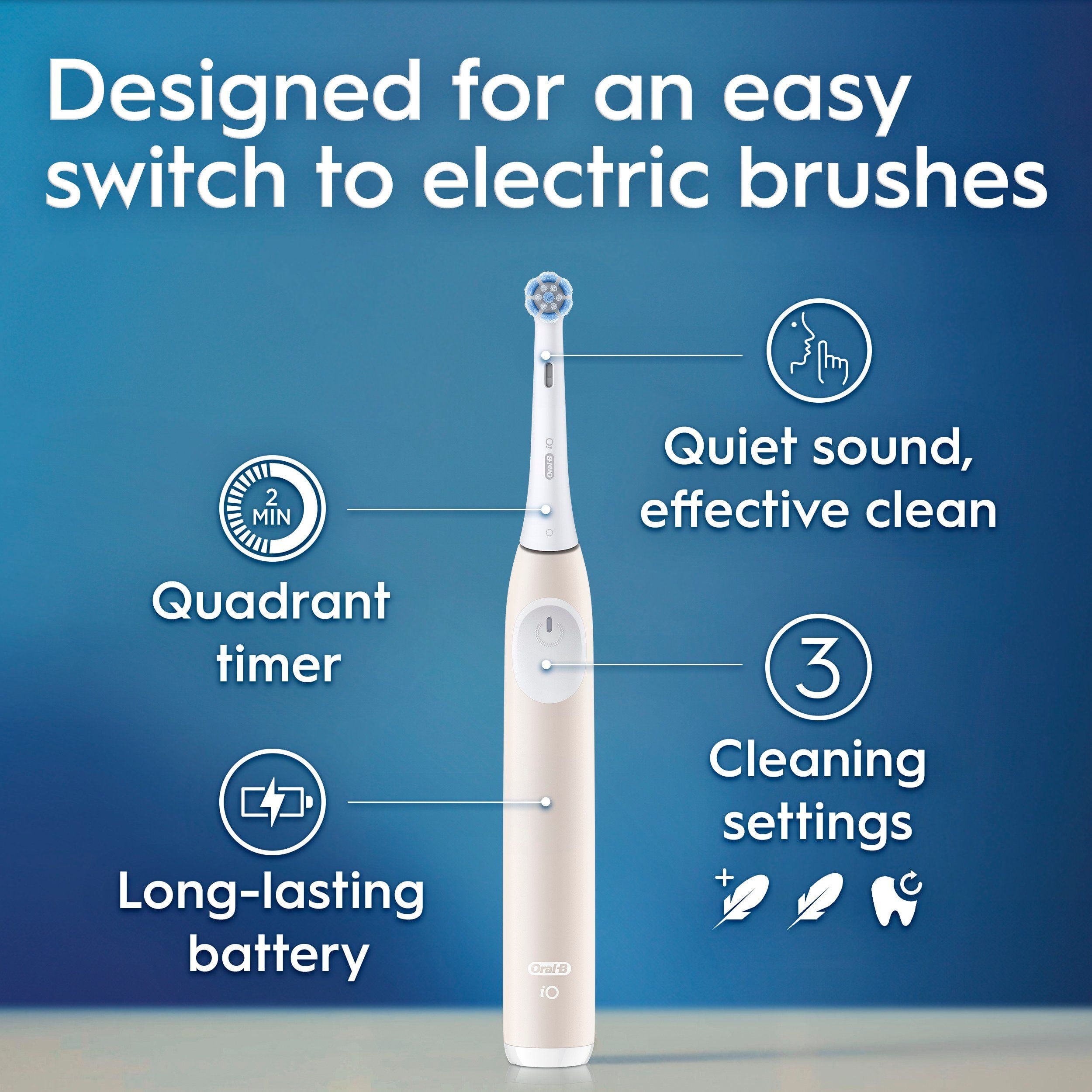 Oral-B iO Series 2 Rechargeable Electric Powered Toothbrush, Peach withentle Care Brush Head - Automatic Pressure Sensor to Protect Gums - 3 Modes - 2 Min Timer