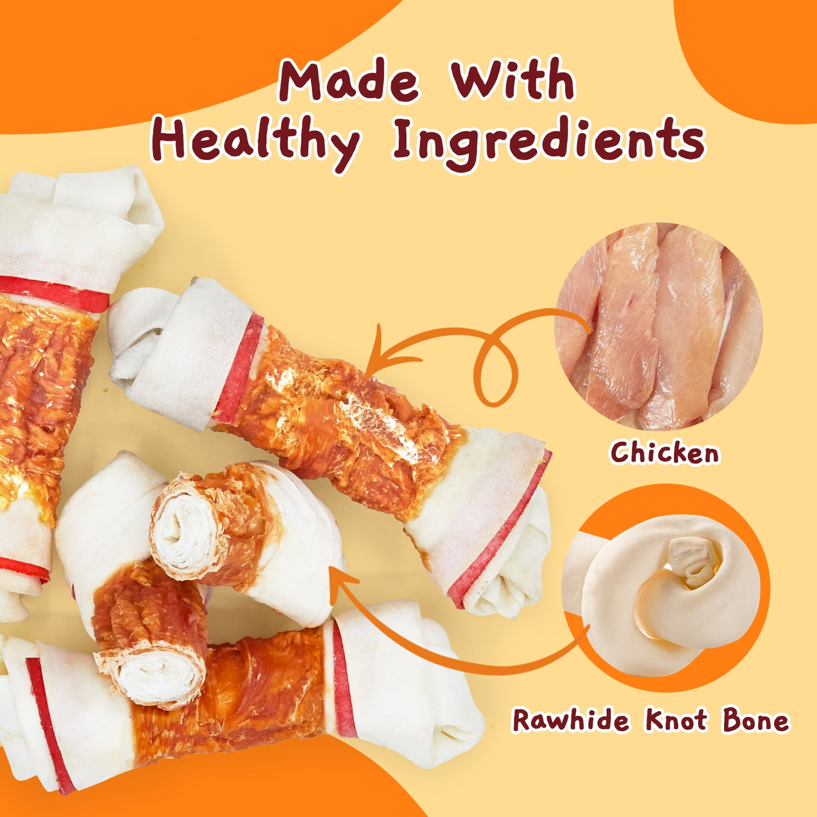 (5 pack) Jungle Calling Chicken Wrap Knotted Bones Dog Chews, Long Lasting for Large Dogs Training Treats