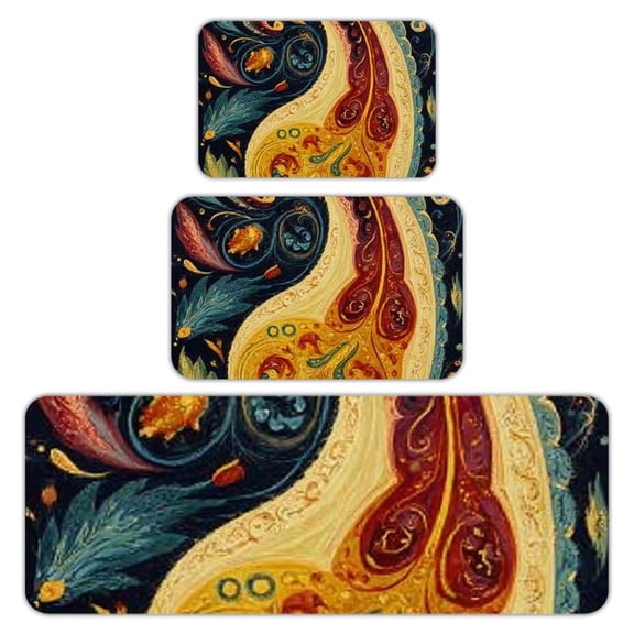 RKSupls Kitchen Rug Set 3 Piece Anti-Slip Flannel Floor Mats, Paisley Art Pattern Washable Absorbent Runner Mats for Kitchen Bathroom Home Decor