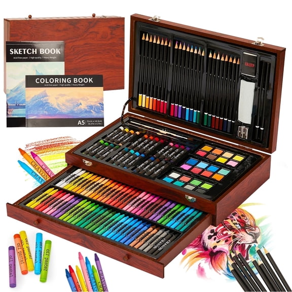 KINSPORY 148 pack Deluxe Wooden Case Drawing Painting Kit, Art Set Gift for Artists Beginners Adults Kids Girls Boys (Brown)