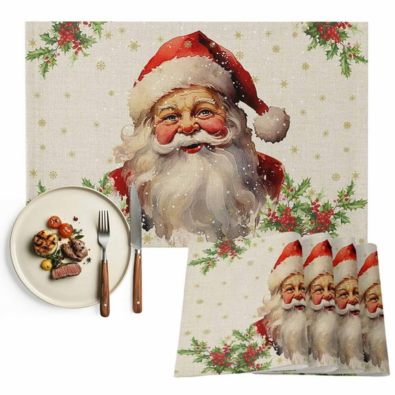 Vintage Santa Claus Christmas Placemats Set of 6, BerriesLeaves Snowflake Table Mats Washable Heat-Insulation Non-Slip Place Mats for Kitchen Dinner Table Indoor Outdoor Decor,13x19 Inch
