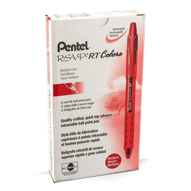 Rsvp Rt Colors Bolígrafo Retráctil Línea Media Barril Rojo Tinta Roja Caja De 12 (Bk93Crb-B)