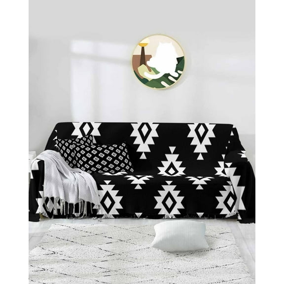 Black Aztec Geometric Sofa Covers for 3 Cushion Couch,Washable Sectional & L Shape Couch Covers for Dog/Cat/Kid,Boho Moroccan Contemporary White Non Slip Sofa Slipcover Tassel Futon Cover 71x150