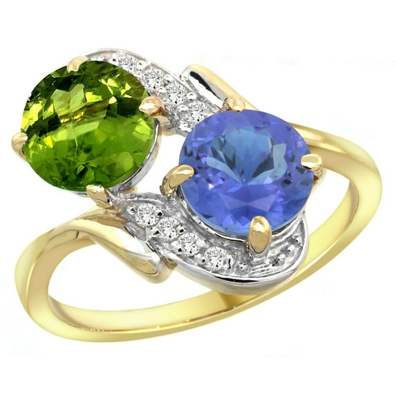 14k Yellow Gold Diamond Natural Peridot & Tanzanite Mother's Ring Round 7mm, size 7