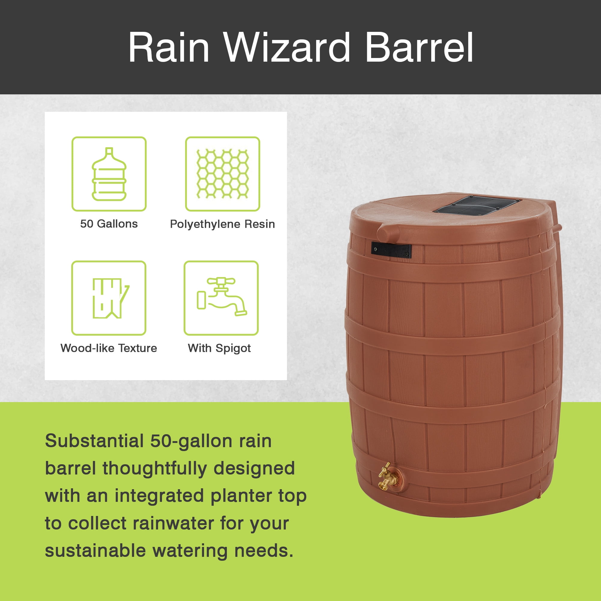 Good Ideas Rain Wizard 50 Gal Plastic Rain Barrel, Terra Cotta & 50' Soaker Hose
