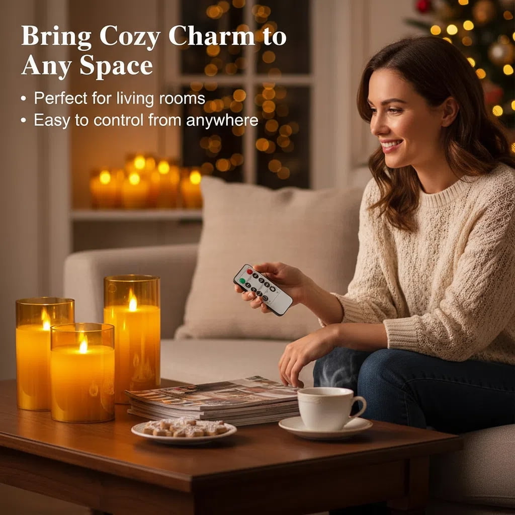 Goldprice Rechargeable Flameless Candle, LED Flickering Candles Tea Lights Pillar Candles Sets with Adjustable Brightness and Timing Remote, Battery Operated Acrylic USB Candles (D 3”×H 4”5”6”)