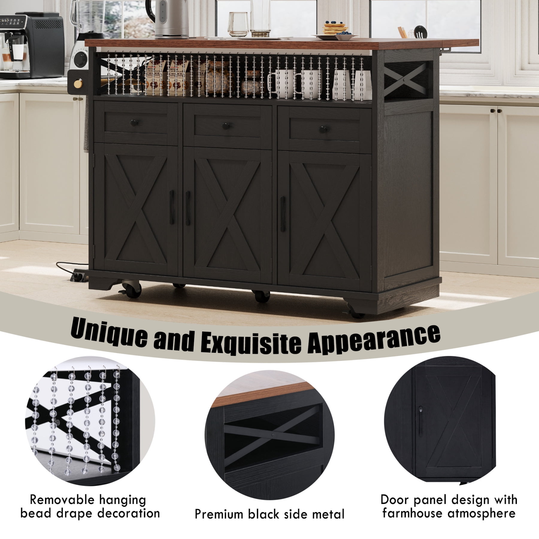 Harper & Bright Designs Farmhouse Kitchen Island with Drop Leaf and Wheels, Kitchen Storage Cart with Drawers and Internal Iron Shelf, Rolling Kitchen Island with Power Outlet, Black