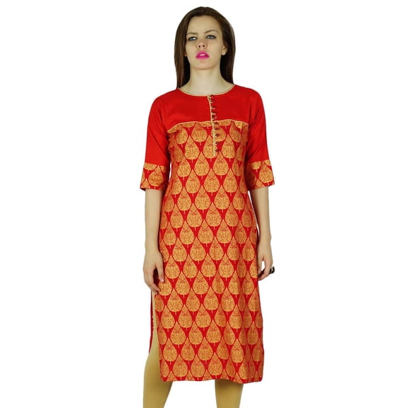 Bimba Women Block Print Red Cotton Kurta Kurti 3/4 Sleeve Tunic Long Blouse