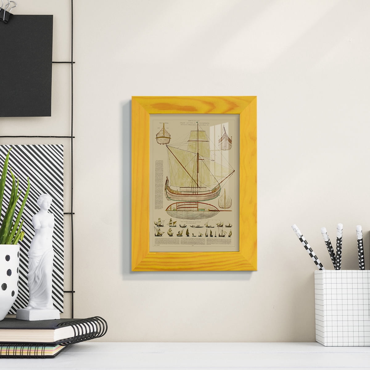 Antique Ship Plan I -Framed Print w/glass-Sunflower Yellow