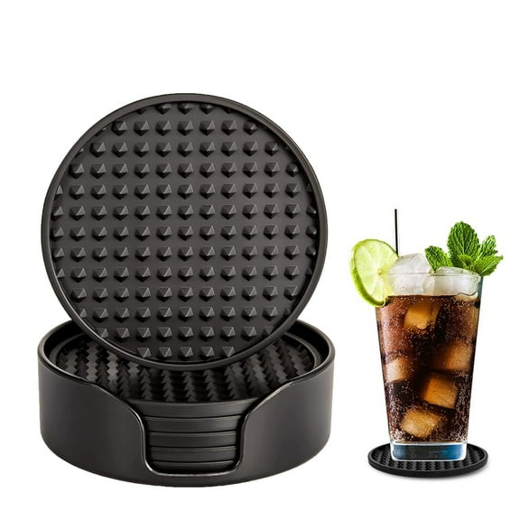 SNADYAH Silicone Coasters Set of 6, Coasters with Holder,Coasters for Drinks,Beer,Coffee Coasters,Suitable for Kinds Cups,Hot or Cold,Non-Slip, Non-Stick, Deep Tray( Blak)