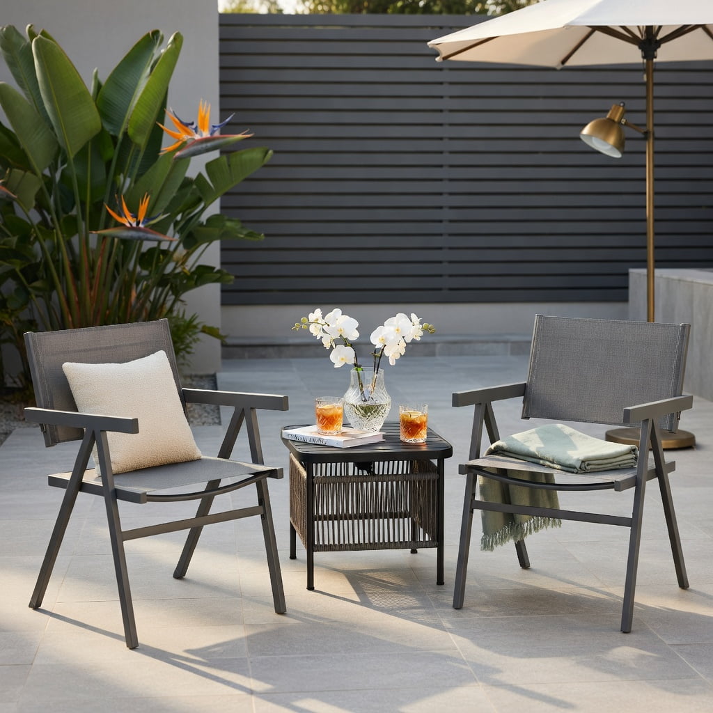 Hommoo 2-Pack Outdoor Patio Dining Chairs, Breathable Fabric Seat, Powder-Coated Metal Frame, Fade-Resistant & Ergonomic Design for Patio, Poolside & Backyard, Gray