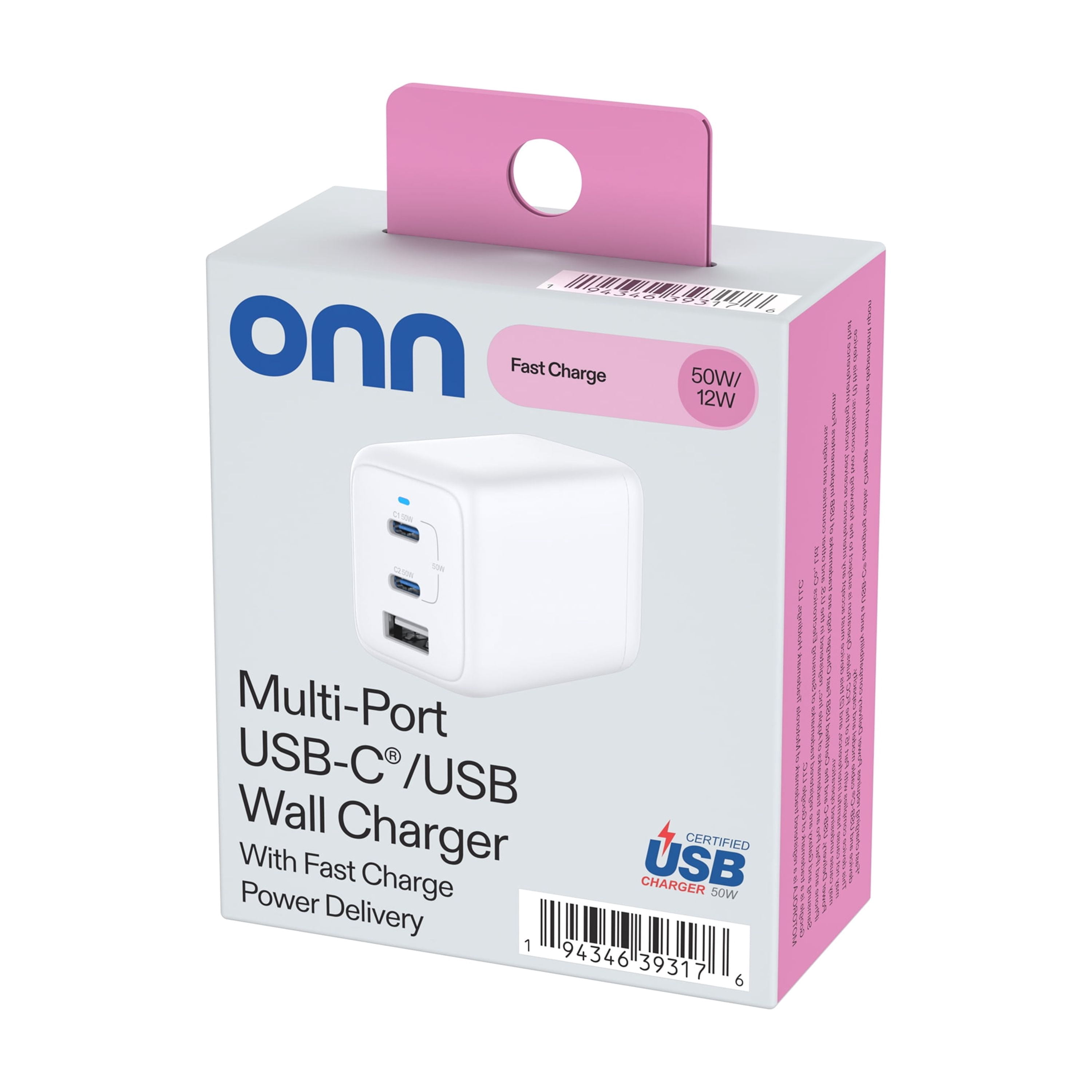 Onn 62W Multi-Port Wall Charger, Fast Charging, USB-C/USB-A, USB-IF Certified, Foldable Plug, White
