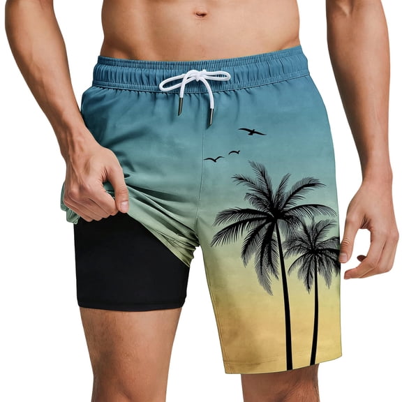 Amzcrzy Mens Shorts with Boxer Brief 2 in 1 Casual Above Knee Mid Rise Swim Trunks Comfy Quick Dry Drawstring Waist Board Shorts Fashion Graphic Print Hawaiian Beach Shorts for Men Yellow S