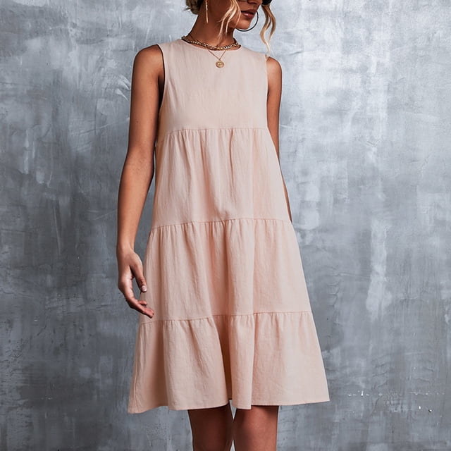 TIHLMK Robes pour Femmes Été Mode Vacances Été Couleur Unie Col Rond Sans Manches Fête Plage Robe Ample
