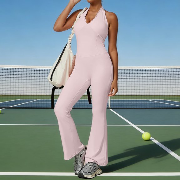 Cutuoiiu Womens Lace V-neck Halter Jumpsuit Backless Flared Pants Yoga Bodysuit for Workout Gifts