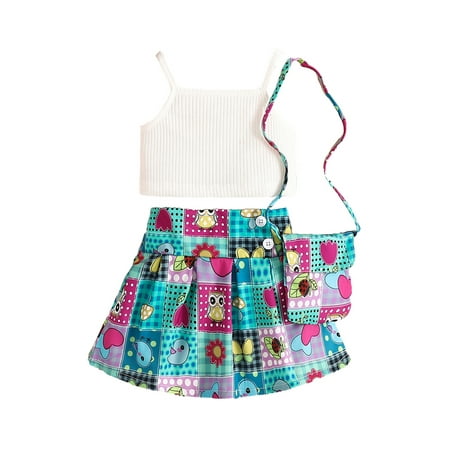 ESASSALY Girl 3 Piece Outfits White Vest A-line Skirt Crossbody Bag Set