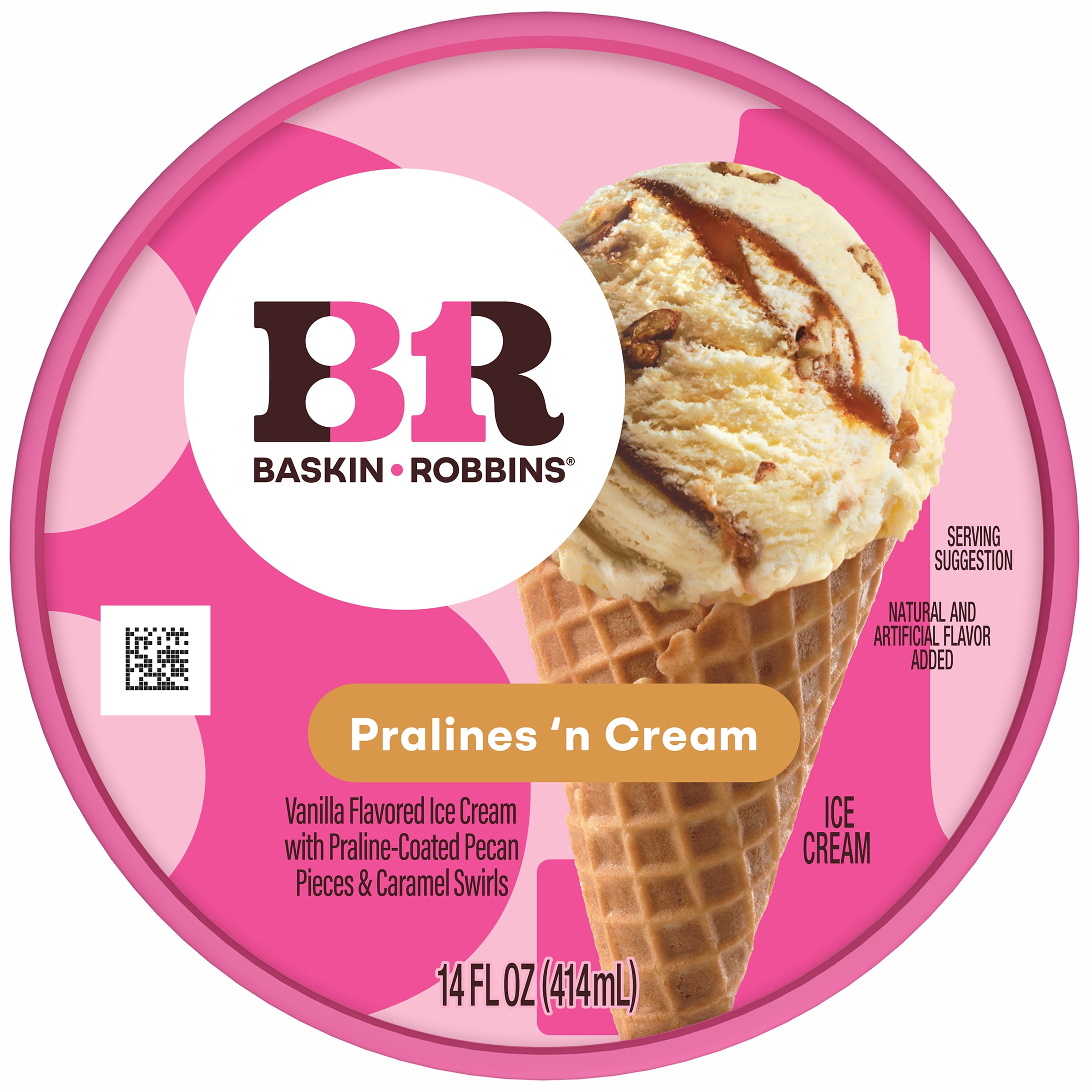 Baskin-Robbins Pralines ‘n Cream Ice Cream, 14 fl oz Cup – Vanilla Ice Cream with Caramel Swirl and Praline-Coated Pecans