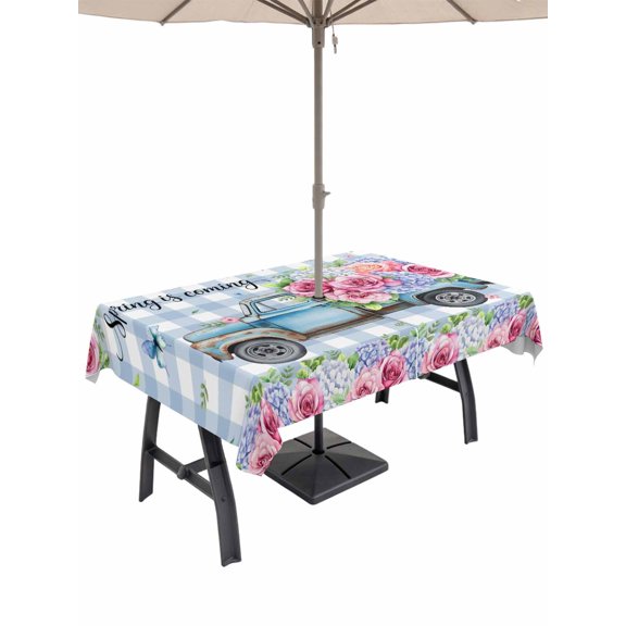 Outdoor Tablecloth with Umbrella Hole and Zipper, Spring Rectangle Table Cloth 60x120 Inch Waterproof Tablecloth, Truck Botanical Rose Leaves Blue White Plaid Picnic Table Cover for Patio Camping
