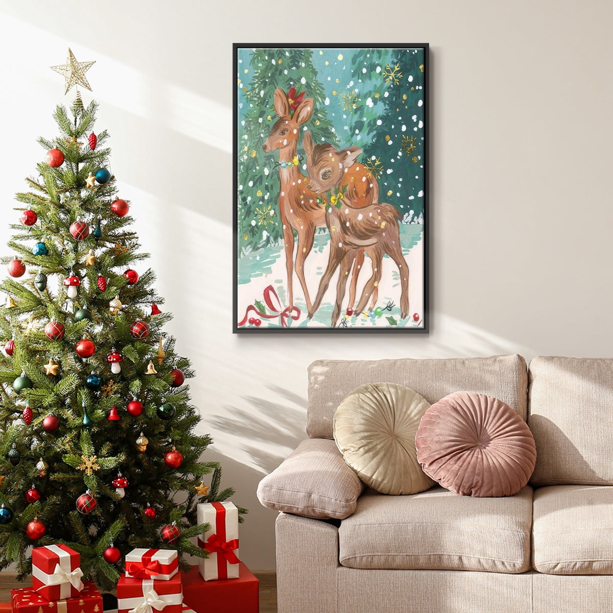Doe and Fawn I - Framed Gallery Wrapped Holiday Canvas - 25 x 37 - Black Frame