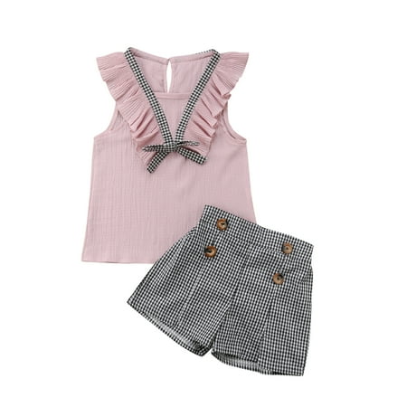 

Afunbaby 2Pcs Infant Girls Clothes Outfits Ruffle Sleeveless Bow Tie Top Plaid Print Button Shorts Summer Clothing Sets