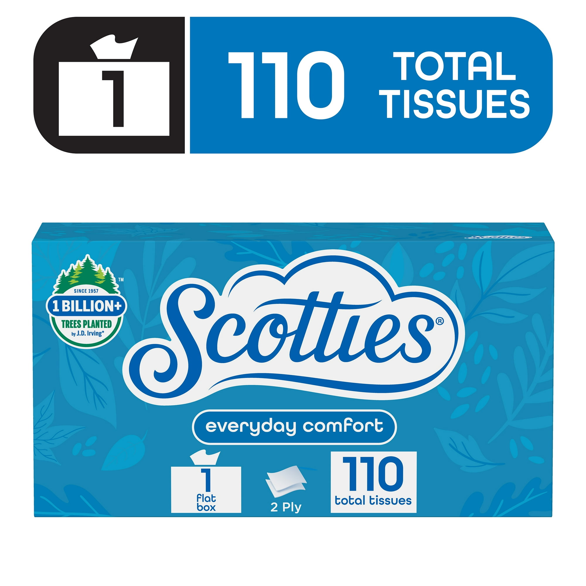Scotties Everyday Comfort Facial Tissues, 1 Flat Box, 110 Facial Tissues per Box, 2-Ply